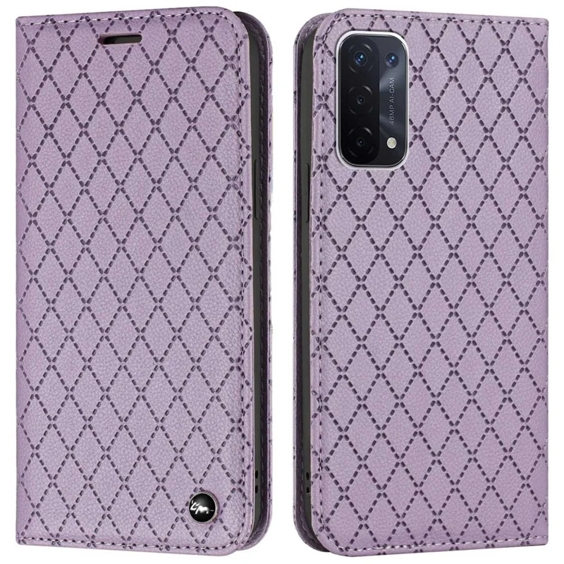 For Oppo A54 5G/A74 5G/A93 5G Litchi Texture Phone Wallet Case with Rhombus Pattern RFID Blocking Protective Cover Viewing Stand - Purple