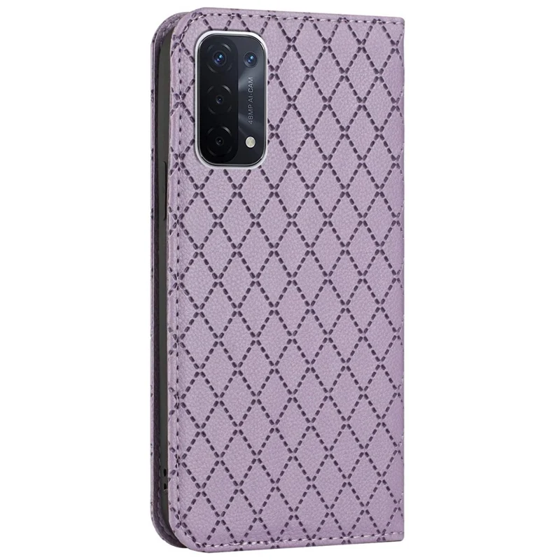 For Oppo A54 5G/A74 5G/A93 5G Litchi Texture Phone Wallet Case with Rhombus Pattern RFID Blocking Protective Cover Viewing Stand - Purple