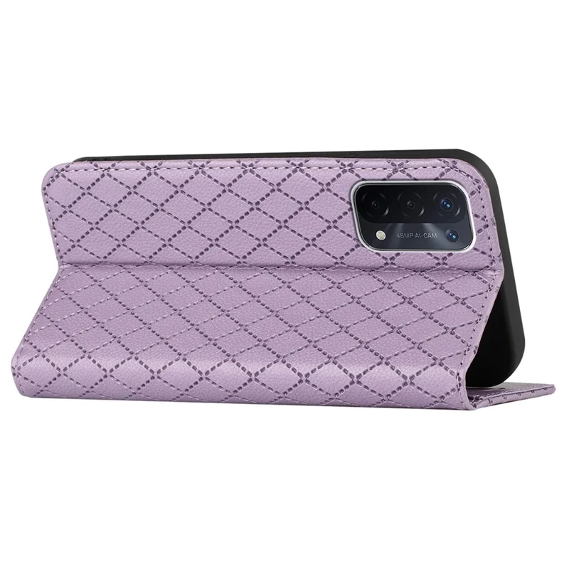 For Oppo A54 5G/A74 5G/A93 5G Litchi Texture Phone Wallet Case with Rhombus Pattern RFID Blocking Protective Cover Viewing Stand - Purple