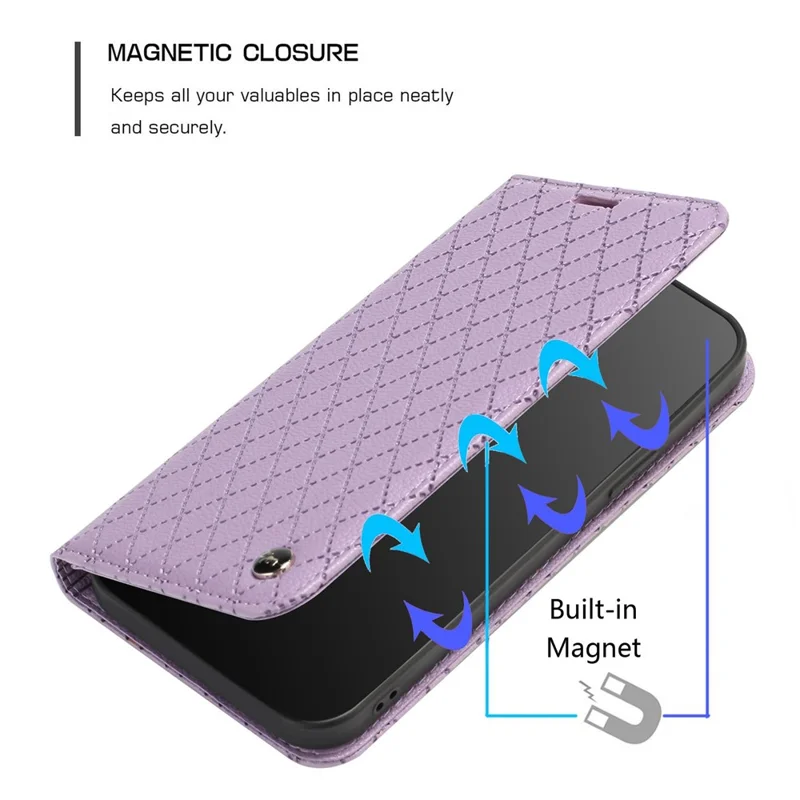For Oppo A54 5G/A74 5G/A93 5G Litchi Texture Phone Wallet Case with Rhombus Pattern RFID Blocking Protective Cover Viewing Stand - Purple