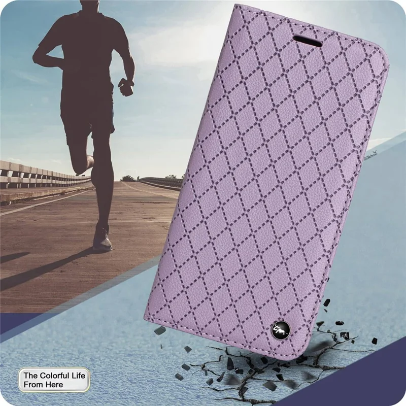 For Oppo A54 5G/A74 5G/A93 5G Litchi Texture Phone Wallet Case with Rhombus Pattern RFID Blocking Protective Cover Viewing Stand - Purple