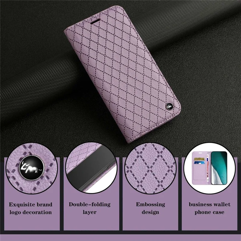 For Oppo A54 5G/A74 5G/A93 5G Litchi Texture Phone Wallet Case with Rhombus Pattern RFID Blocking Protective Cover Viewing Stand - Purple