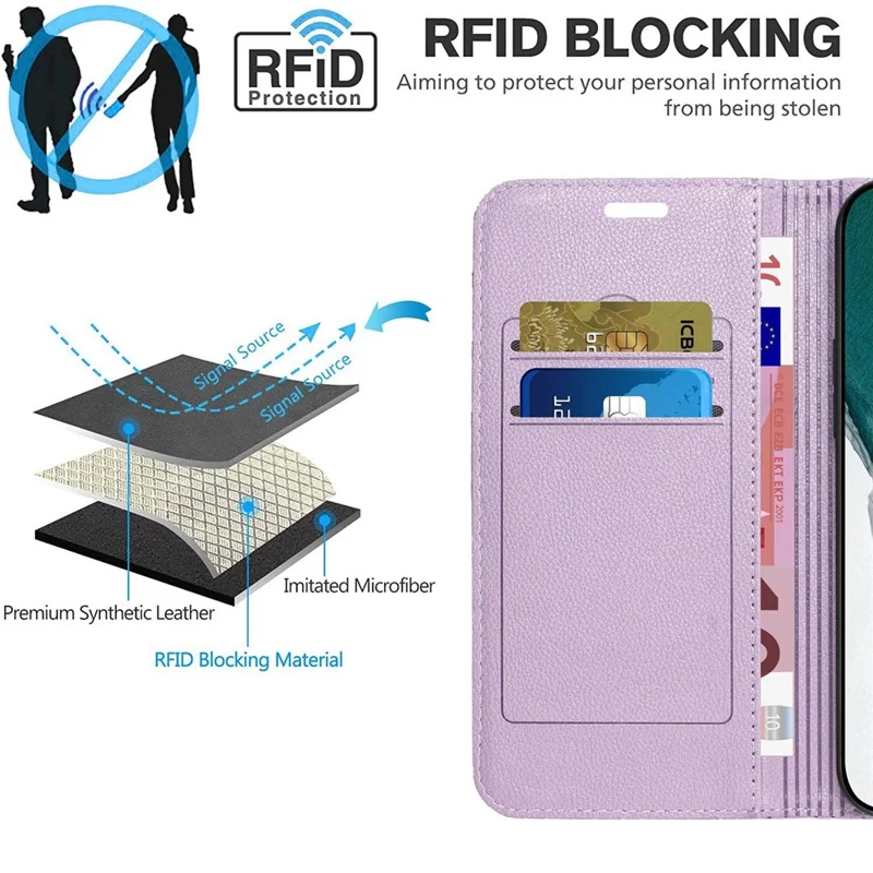 For Oppo A54 5G/A74 5G/A93 5G Litchi Texture Phone Wallet Case with Rhombus Pattern RFID Blocking Protective Cover Viewing Stand - Purple