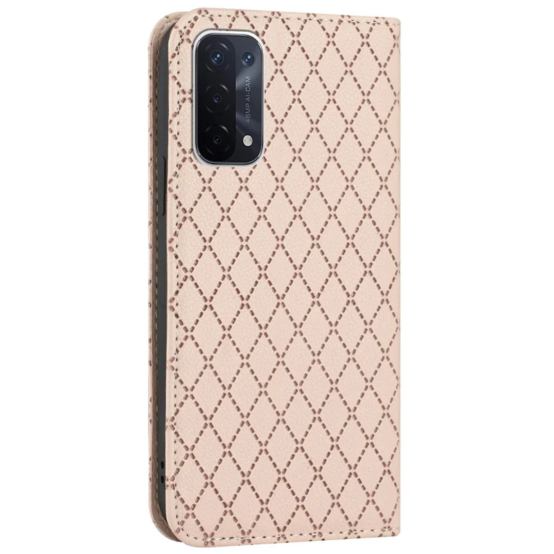 For Oppo A54 5G/A74 5G/A93 5G Litchi Texture Phone Wallet Case with Rhombus Pattern RFID Blocking Protective Cover Viewing Stand - Yellow
