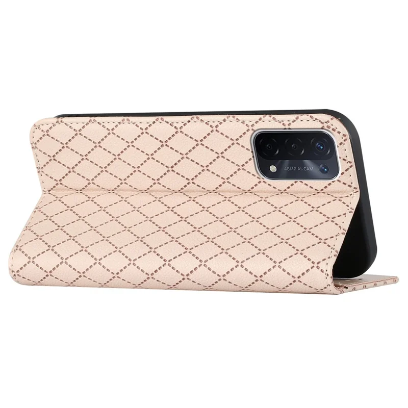 For Oppo A54 5G/A74 5G/A93 5G Litchi Texture Phone Wallet Case with Rhombus Pattern RFID Blocking Protective Cover Viewing Stand - Yellow