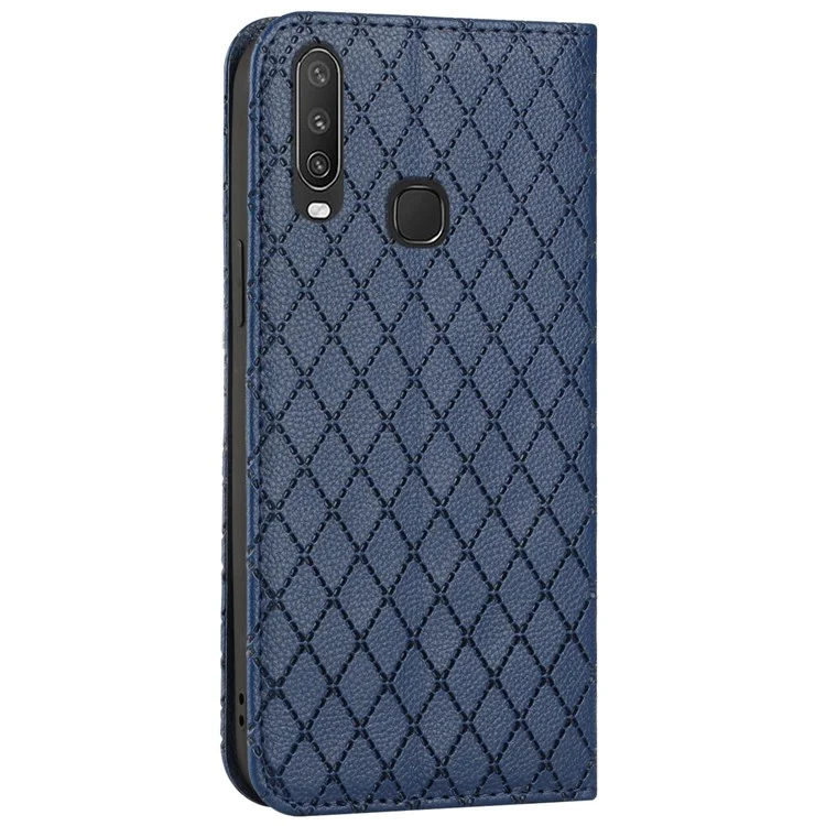 Pour Vivo Y12 / Y15 / Y17 / Y11 (2019) Litchi Texture Anti-drop Téléphone Cover Avec Motif Rhombus Flip le Cuir Wallet Case Stand - Bleu