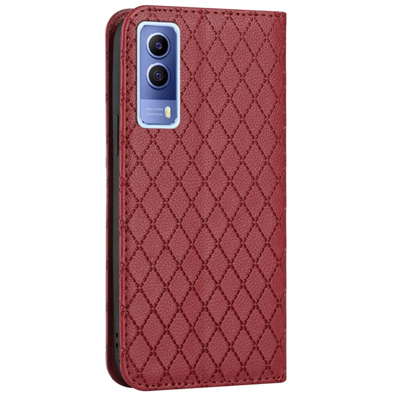 For vivo Y72 5G / iQOO Z3 5G / Y53s / Y52 5G Litchi Texture Anti-drop Phone Cover with Rhombus Pattern Full Protection Flip Leather Wallet Case Stand - Red