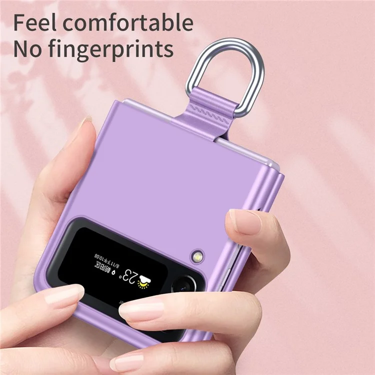Para Samsung Galaxy Z Flip4 5G Fita Metálica Suporte de Anel Ultra-fino Capa Rígida de PC Anti-impressão Digital - Roxo