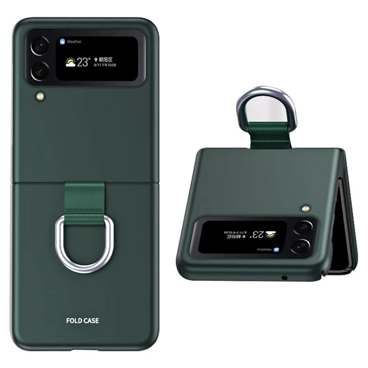 For Samsung Galaxy Z Flip4 5G Ribbon Metal Ring Holder Ultra-slim Anti-fingerprint Hard PC Cell Phone Case Cover - Midnight Green