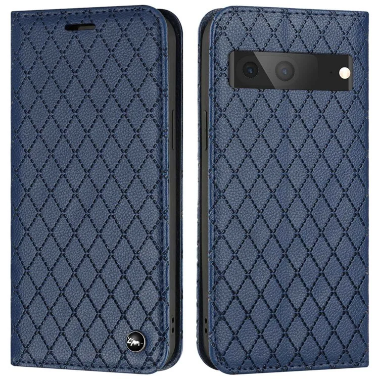 Litchi Textura Carteira de Textura Para o Google Pixel 7 5g Fólio Flip Tampa Protetora Rhombus Padrão de Couro PU Com Estação de Couro RFID Tampa de Bloqueio de Bloqueio RFID - Azul