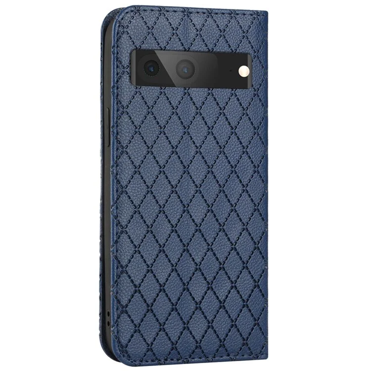 Litchi Textura Carteira de Textura Para o Google Pixel 7 5g Fólio Flip Tampa Protetora Rhombus Padrão de Couro PU Com Estação de Couro RFID Tampa de Bloqueio de Bloqueio RFID - Azul