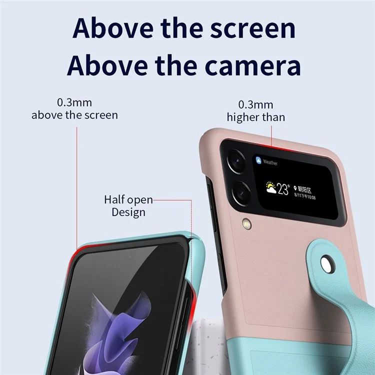 Per Samsung Galaxy Z Flip4 5G Custodia per telefono in pelle PU rivestita in PC con cinturino da polso e supporto - Blu Baby / Rosa