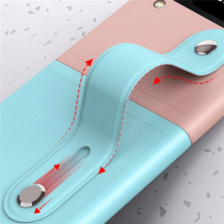 For Samsung Galaxy Z Flip4 5G PU Leather Coated PC Phone Case Wrist Band Kickstand Design Contrast Color Cover - Baby Blue / Pink