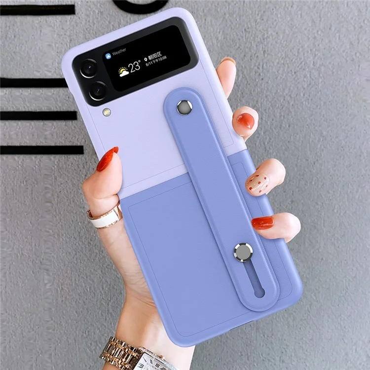 Para Samsung Galaxy Z Flip4 5G PU Cubo de PC Recubierto de Cuero Case de la Banda de Muñeca de la Muñeca Diseño Del Color de la Cubierta de Color de Contraste - Cielo Azul / Púrpura Ligera