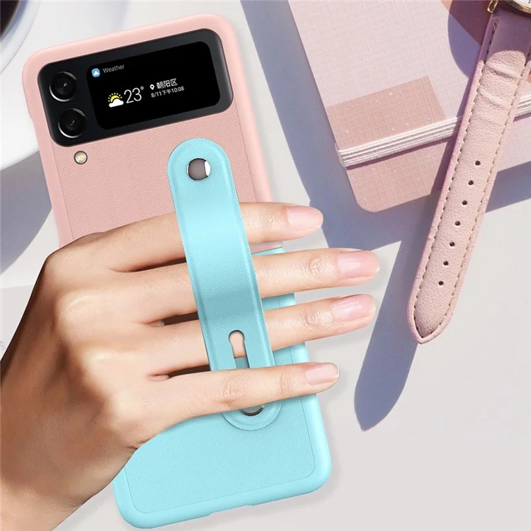 For Samsung Galaxy Z Flip4 5G PU Leather Coated PC Phone Case Wrist Band Kickstand Design Contrast Color Cover - Dark Blue / Baby Blue