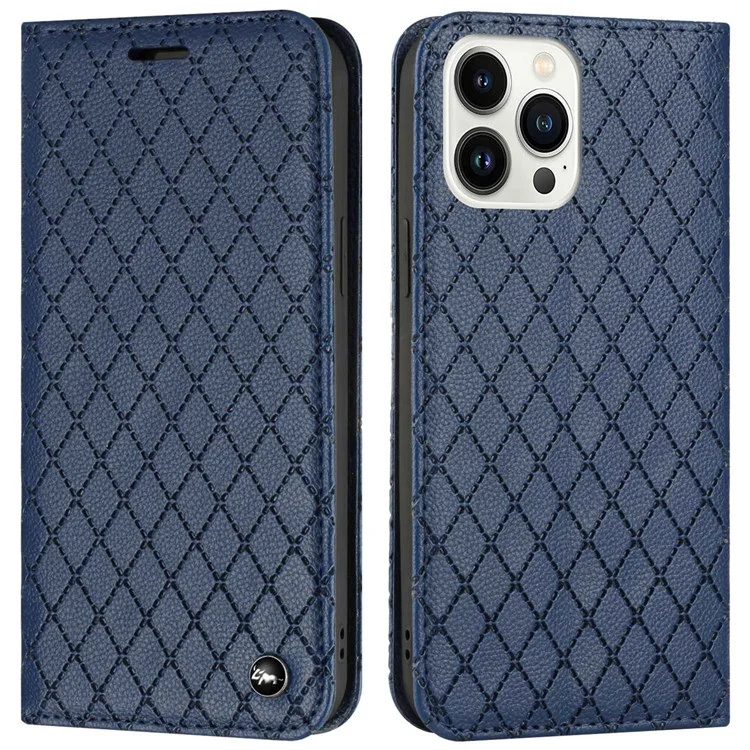 For iPhone 13 Pro Max 6.7 inch Rhombus Pattern Embossed Phone Case Protective Cover Litchi Texture PU Leather Stand Case RFID Blocking Phone Cover with Wallet - Blue