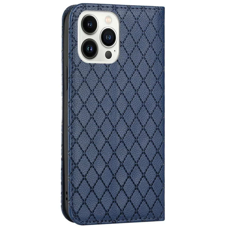 For iPhone 13 Pro Max 6.7 inch Rhombus Pattern Embossed Phone Case Protective Cover Litchi Texture PU Leather Stand Case RFID Blocking Phone Cover with Wallet - Blue
