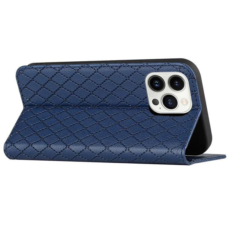 For iPhone 13 Pro Max 6.7 inch Rhombus Pattern Embossed Phone Case Protective Cover Litchi Texture PU Leather Stand Case RFID Blocking Phone Cover with Wallet - Blue