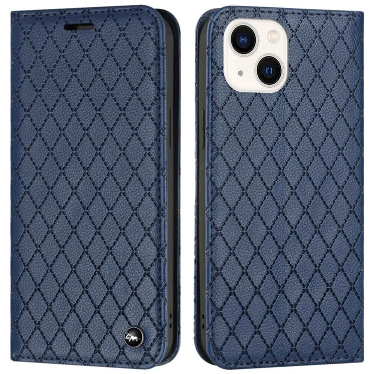 Anti-Drop Phone Case for iPhone 13 6.1 inch Embossed Rhombus Pattern Protective Cover with Wallet Litchi Texture PU Leather Stand Case RFID Blocking Phone Cover - Blue