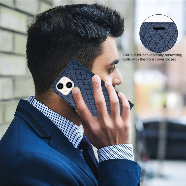 Anti-Drop Phone Case for iPhone 13 6.1 inch Embossed Rhombus Pattern Protective Cover with Wallet Litchi Texture PU Leather Stand Case RFID Blocking Phone Cover - Blue