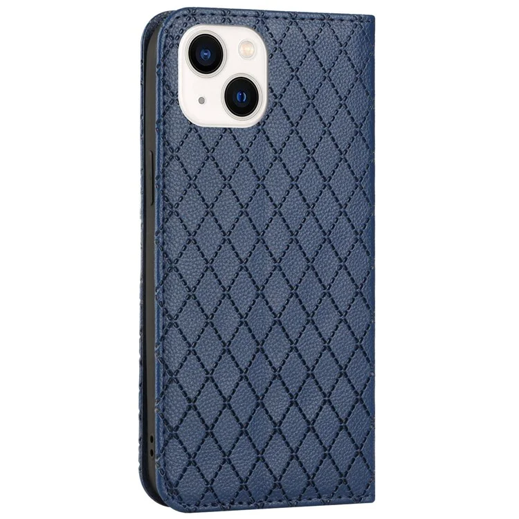 Anti-Drop Phone Case for iPhone 13 6.1 inch Embossed Rhombus Pattern Protective Cover with Wallet Litchi Texture PU Leather Stand Case RFID Blocking Phone Cover - Blue
