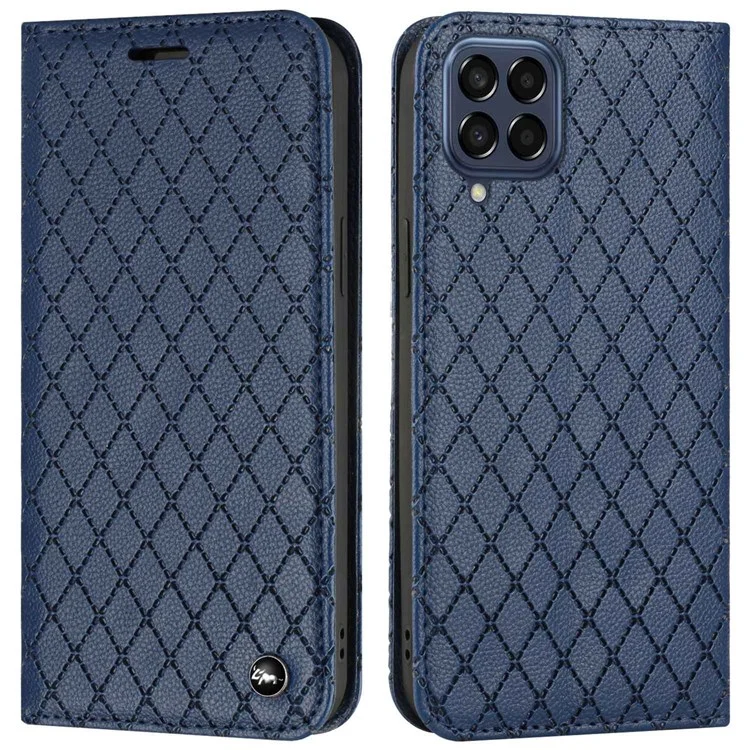 RFID Blocking PU le Cuir PU Pour Samsung Galaxy M53 5G, Litchi Texture Flip Stand Portefeuille Téléphone Adsorption Adsorption Rhombus Couverture de Protection en Relief Rhombus - Bleu