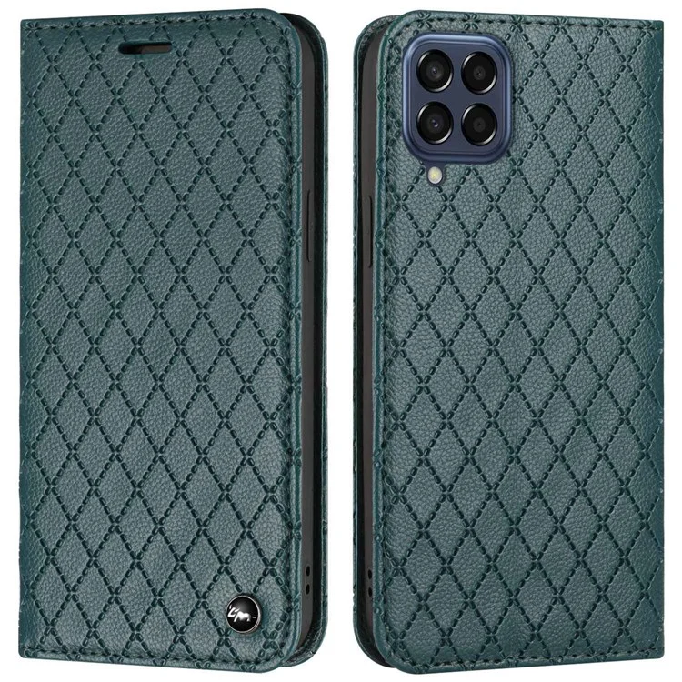 RFID Blocking Phone Protective Case Pour Samsung Galaxy M33 5G (version Globale), Rhombus Rossin Magnétique Magnétique à Clôture Litchi Texture PU le Cuir de Support Couvercle de Portefeuille - Vert