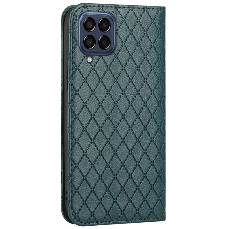 RFID Blocking Phone Protective Case Pour Samsung Galaxy M33 5G (version Globale), Rhombus Rossin Magnétique Magnétique à Clôture Litchi Texture PU le Cuir de Support Couvercle de Portefeuille - Vert