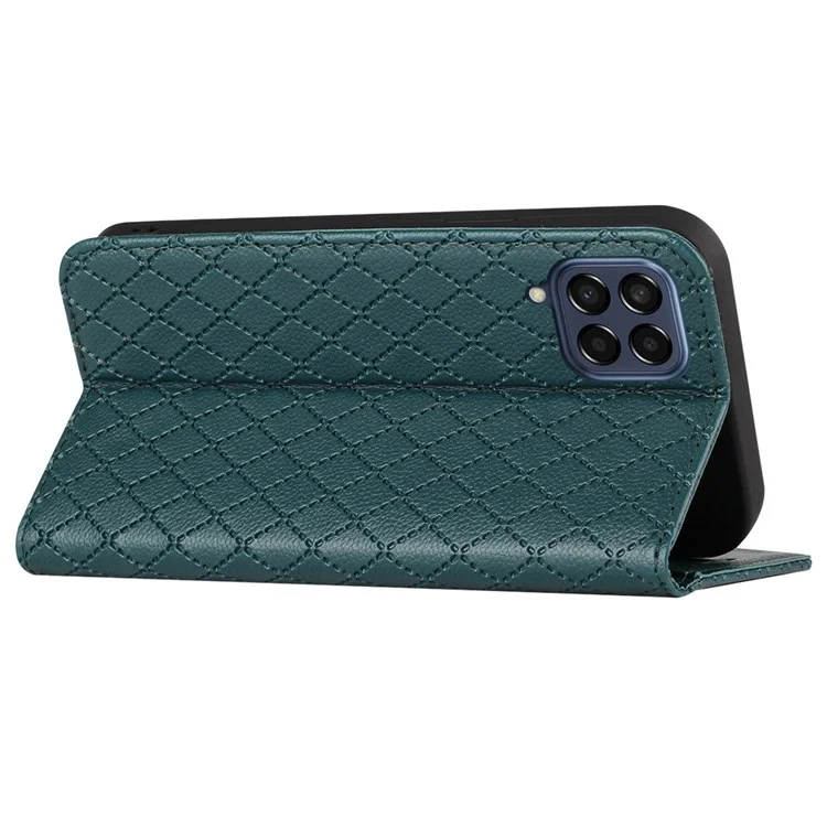 RFID Blocking Phone Protective Case Pour Samsung Galaxy M33 5G (version Globale), Rhombus Rossin Magnétique Magnétique à Clôture Litchi Texture PU le Cuir de Support Couvercle de Portefeuille - Vert