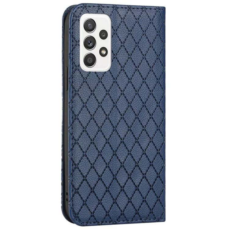 Wallet Phone Case for Samsung Galaxy A33 5G Rhombus Pattern Embossed Folio Flip Cover Litchi Texture PU Leather Stand Case with RFID Blocking Function - Blue