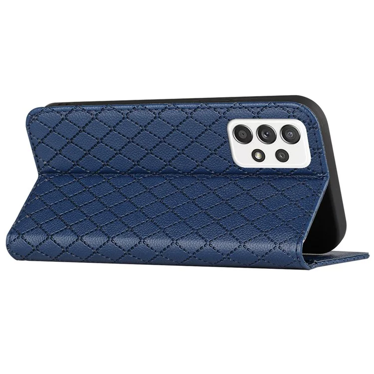 Wallet Phone Case for Samsung Galaxy A33 5G Rhombus Pattern Embossed Folio Flip Cover Litchi Texture PU Leather Stand Case with RFID Blocking Function - Blue