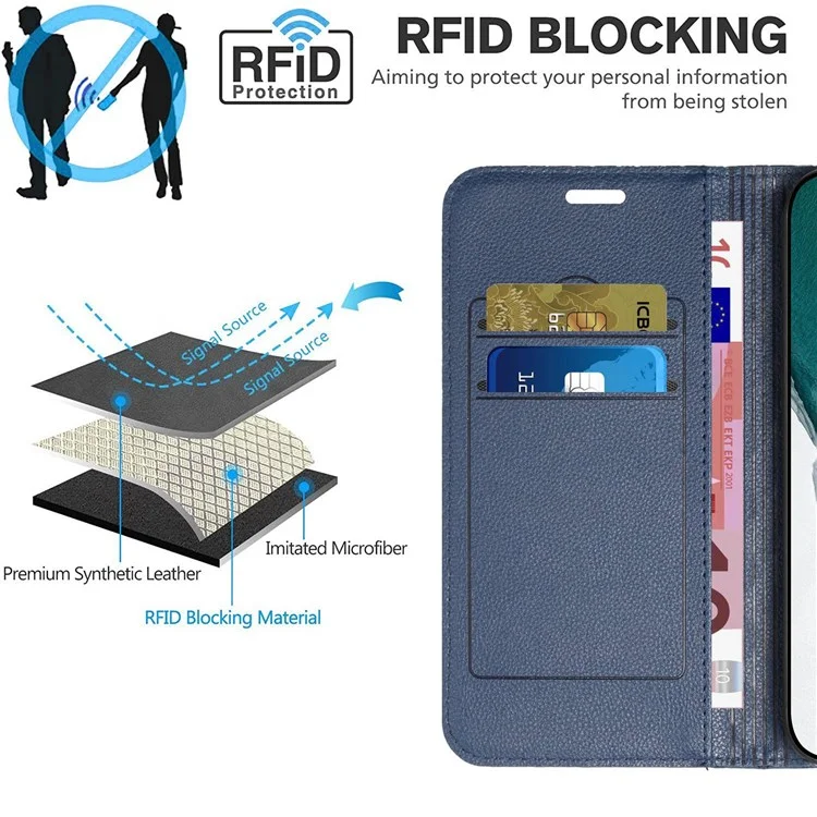 Wallet Phone Case for Samsung Galaxy A33 5G Rhombus Pattern Embossed Folio Flip Cover Litchi Texture PU Leather Stand Case with RFID Blocking Function - Blue
