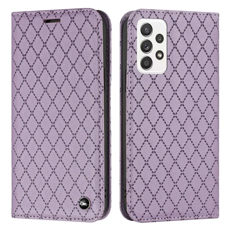 Para Samsung Galaxy A52 4G / 5G / A52s 5G RFID Blocking Phone Case, Magnetic Auto-absorbed Litchi Texture PU Leather Bump Proof Rhombus Embossment Cellphone Cover with Stand Wallet - Púrpura