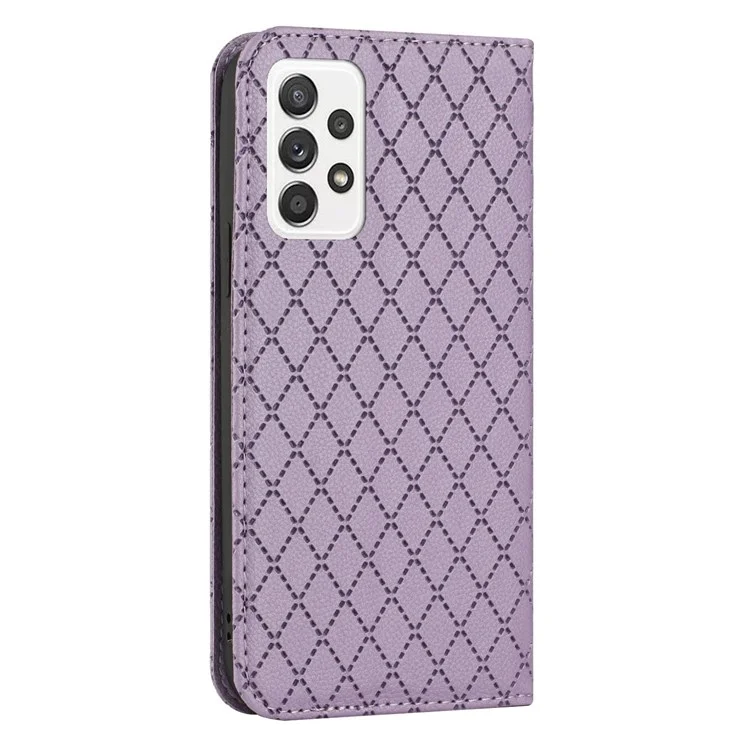 Para Samsung Galaxy A52 4G / 5G / A52s 5G RFID Blocking Phone Case, Magnetic Auto-absorbed Litchi Texture PU Leather Bump Proof Rhombus Embossment Cellphone Cover with Stand Wallet - Púrpura