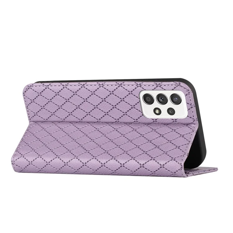 Para Samsung Galaxy A52 4G / 5G / A52s 5G RFID Blocking Phone Case, Magnetic Auto-absorbed Litchi Texture PU Leather Bump Proof Rhombus Embossment Cellphone Cover with Stand Wallet - Púrpura