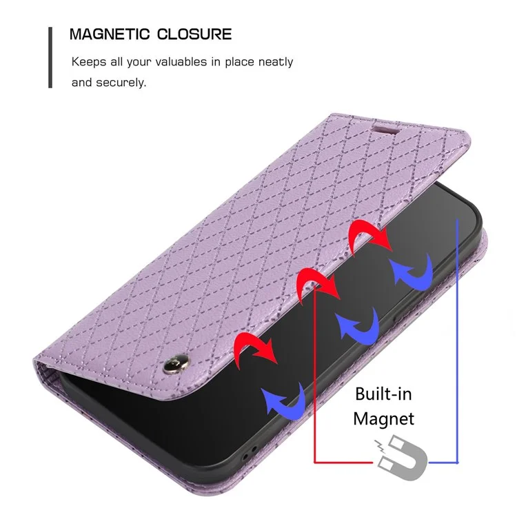 Para Samsung Galaxy A52 4G / 5G / A52s 5G RFID Blocking Phone Case, Magnetic Auto-absorbed Litchi Texture PU Leather Bump Proof Rhombus Embossment Cellphone Cover with Stand Wallet - Púrpura
