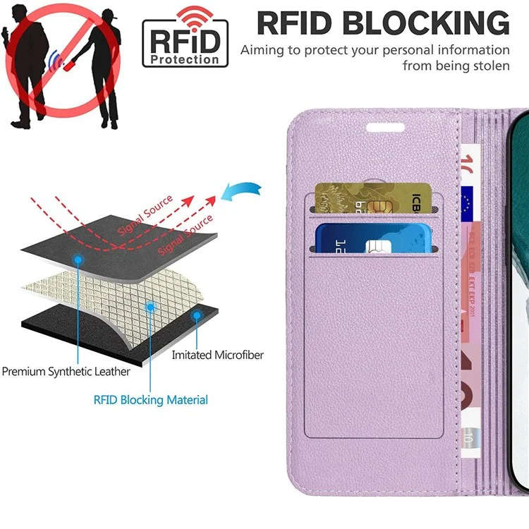 Para Samsung Galaxy A52 4G / 5G / A52s 5G RFID Blocking Phone Case, Magnetic Auto-absorbed Litchi Texture PU Leather Bump Proof Rhombus Embossment Cellphone Cover with Stand Wallet - Púrpura
