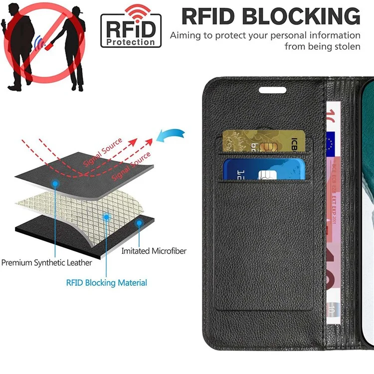 Para Samsung Galaxy A22 5G (versión de la Ue) Bloqueo de Teléfono de Bloqueo Rfid, Magnetic Autobsorbed Litchi Texture PU Leather Rombusment Cobertura de Cobertura Celular Cubierta Celular Con Billetera de Soporte - Negro
