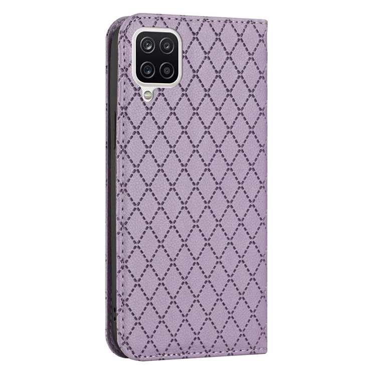 RFID Blocking Phone Case for Samsung Galaxy A12 4G / M12 4G / F12 4G, Magnetic Auto-absorbed Litchi Texture PU Leather Rhombus Embossment Cellphone Guard Cover with Stand Wallet - Purple
