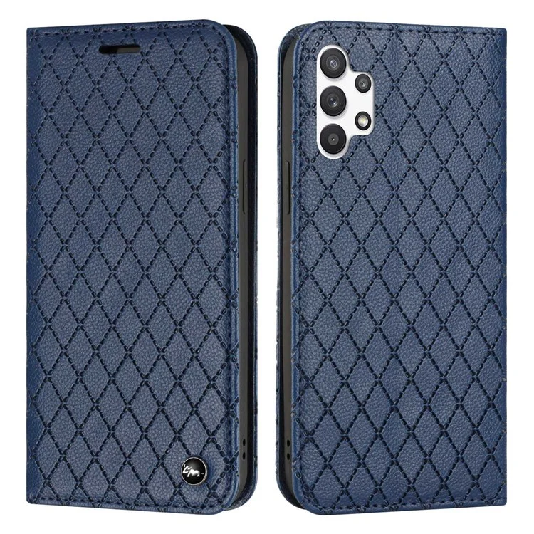 Per Samsung Galaxy A13 4G Litchi Texture PU Leather RFID Blocking Phone Cover Rhombus Embossing Smartphone Wallet Stand Case - Blu