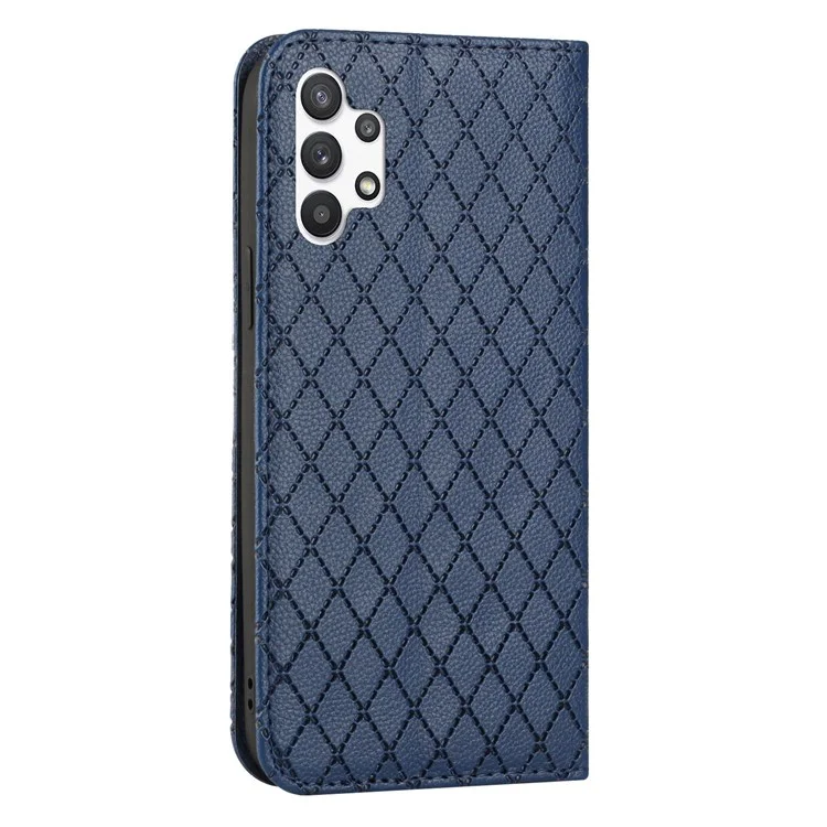 Per Samsung Galaxy A13 4G Litchi Texture PU Leather RFID Blocking Phone Cover Rhombus Embossing Smartphone Wallet Stand Case - Blu