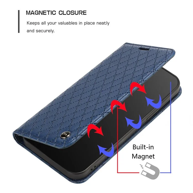 Per Samsung Galaxy A13 4G Litchi Texture PU Leather RFID Blocking Phone Cover Rhombus Embossing Smartphone Wallet Stand Case - Blu