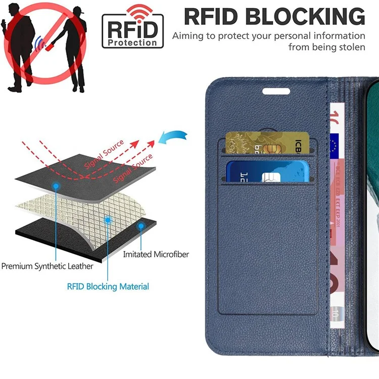Per Samsung Galaxy A13 4G Litchi Texture PU Leather RFID Blocking Phone Cover Rhombus Embossing Smartphone Wallet Stand Case - Blu
