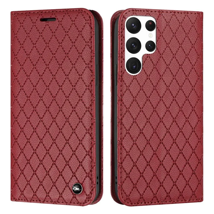 For Samsung Galaxy S22 Ultra 5G Rhombus Embossing Litchi Texture PU Leather Full-protection Cover RFID Blocking Phone Stand Wallet Case - Red