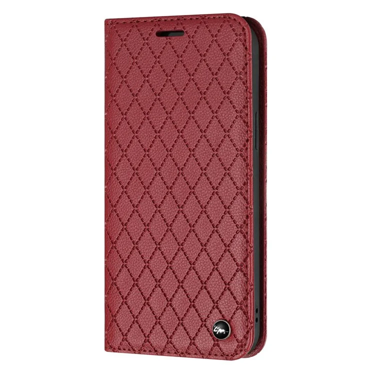 For Samsung Galaxy S22 Ultra 5G Rhombus Embossing Litchi Texture PU Leather Full-protection Cover RFID Blocking Phone Stand Wallet Case - Red