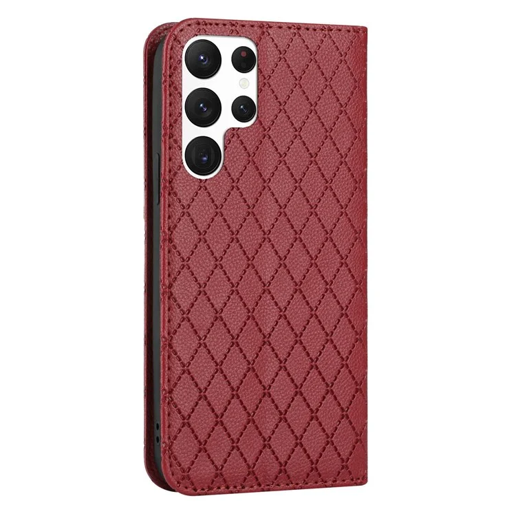 For Samsung Galaxy S22 Ultra 5G Rhombus Embossing Litchi Texture PU Leather Full-protection Cover RFID Blocking Phone Stand Wallet Case - Red