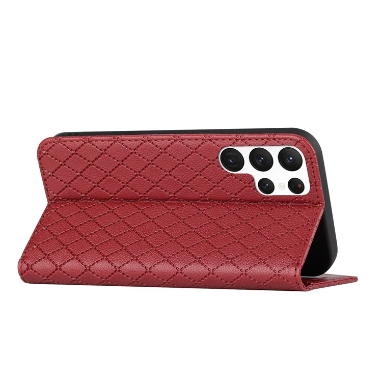 For Samsung Galaxy S22 Ultra 5G Rhombus Embossing Litchi Texture PU Leather Full-protection Cover RFID Blocking Phone Stand Wallet Case - Red