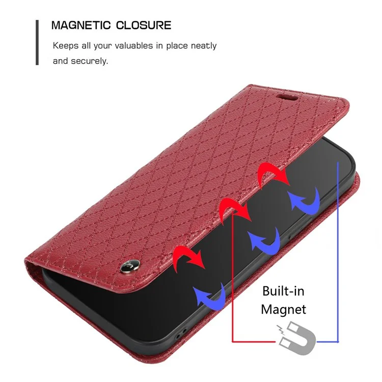 For Samsung Galaxy S22 Ultra 5G Rhombus Embossing Litchi Texture PU Leather Full-protection Cover RFID Blocking Phone Stand Wallet Case - Red