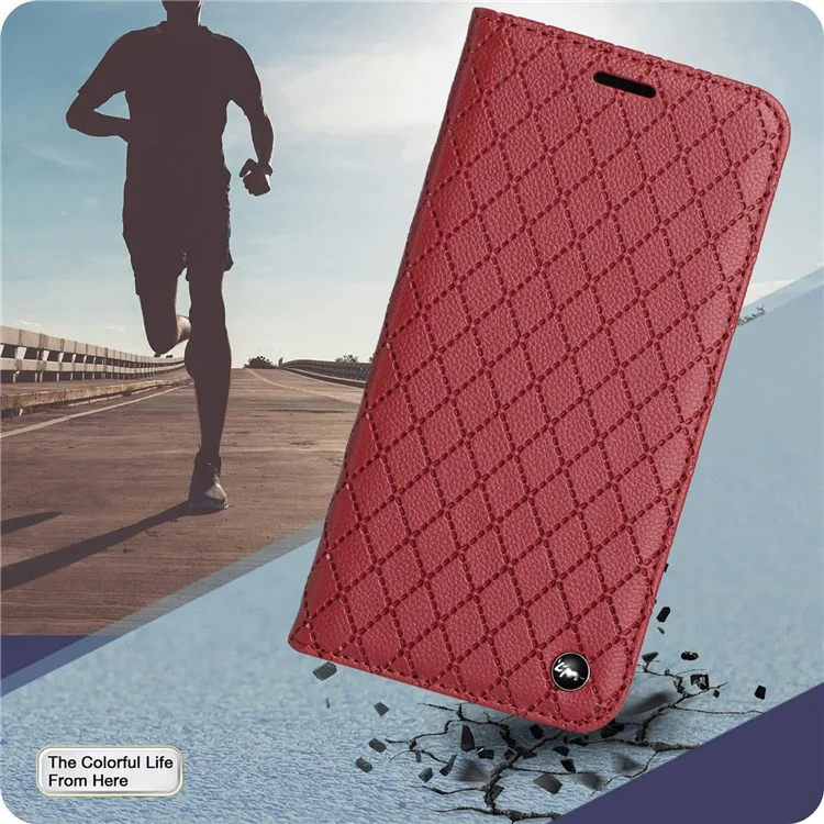 For Samsung Galaxy S22 Ultra 5G Rhombus Embossing Litchi Texture PU Leather Full-protection Cover RFID Blocking Phone Stand Wallet Case - Red