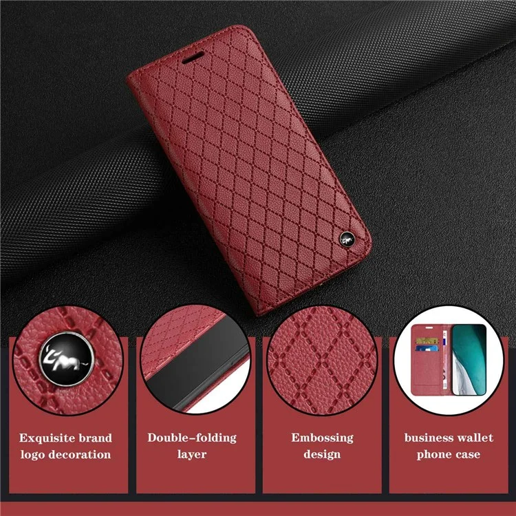 For Samsung Galaxy S22 Ultra 5G Rhombus Embossing Litchi Texture PU Leather Full-protection Cover RFID Blocking Phone Stand Wallet Case - Red